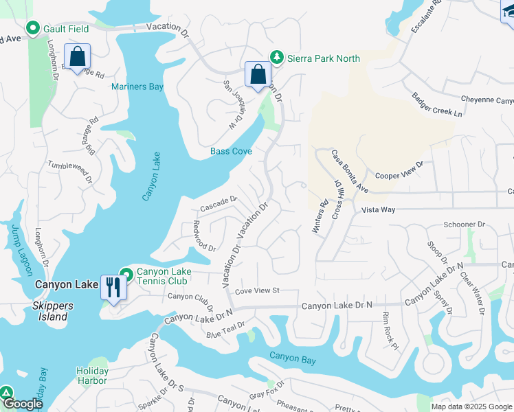 map of restaurants, bars, coffee shops, grocery stores, and more near 29731 Bonanza Place in Canyon Lake
