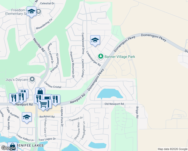 map of restaurants, bars, coffee shops, grocery stores, and more near 29875 Blueridge Court in Menifee