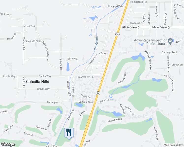 map of restaurants, bars, coffee shops, grocery stores, and more near 5 Prickly Pear Lane in Palm Desert