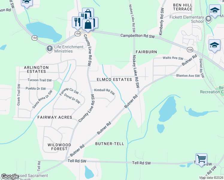 map of restaurants, bars, coffee shops, grocery stores, and more near 4352 Kimball Road Southwest in Atlanta