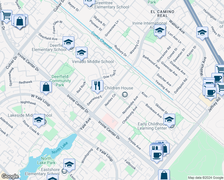 map of restaurants, bars, coffee shops, grocery stores, and more near Yale Avenue & Deerfield Avenue in Irvine