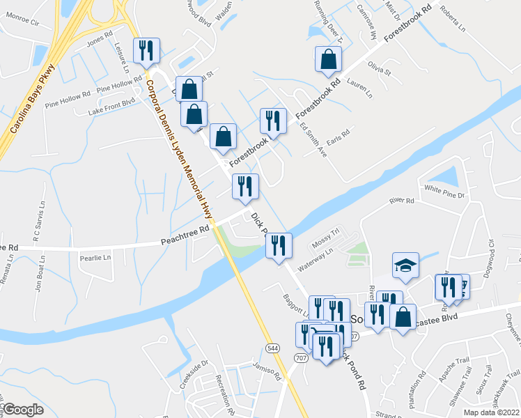 map of restaurants, bars, coffee shops, grocery stores, and more near 6010 Dick Pond Road in Myrtle Beach
