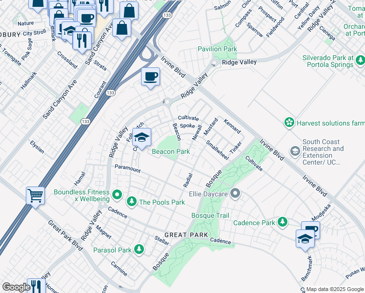 map of restaurants, bars, coffee shops, grocery stores, and more near 101 Newall in Irvine