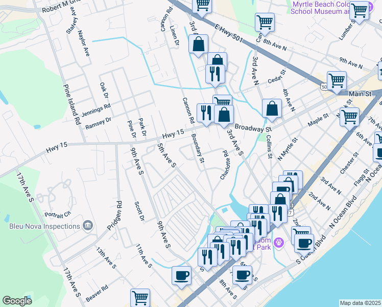 map of restaurants, bars, coffee shops, grocery stores, and more near 10 Columbia Drive in Myrtle Beach