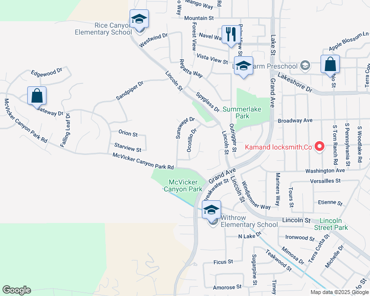 map of restaurants, bars, coffee shops, grocery stores, and more near 29183 Ocotillo Drive in Lake Elsinore