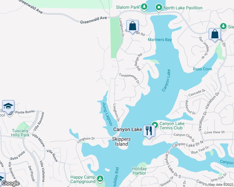 map of restaurants, bars, coffee shops, grocery stores, and more near 29690 Longhorn Drive in Canyon Lake