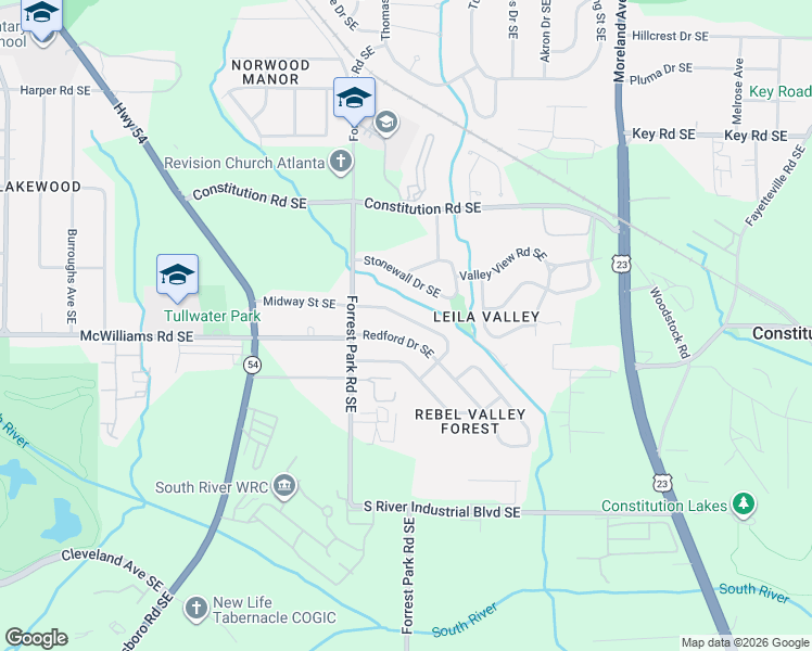 map of restaurants, bars, coffee shops, grocery stores, and more near 945 Redford Drive Southeast in Atlanta