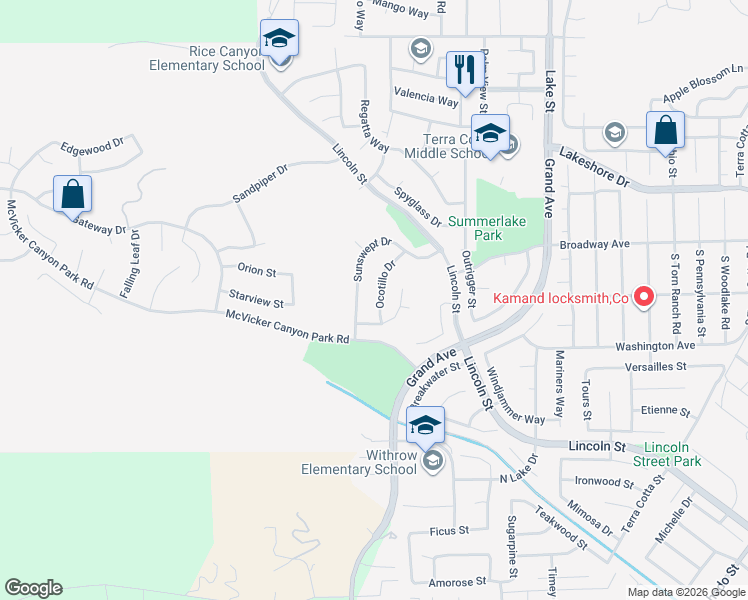 map of restaurants, bars, coffee shops, grocery stores, and more near 29183 Ocotillo Drive in Lake Elsinore