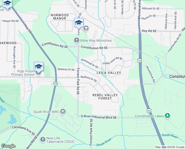 map of restaurants, bars, coffee shops, grocery stores, and more near 983 Natham Drive Southeast in Atlanta
