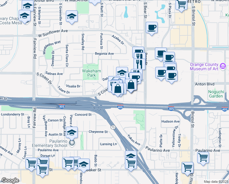 map of restaurants, bars, coffee shops, grocery stores, and more near 949 South Coast Drive in Costa Mesa