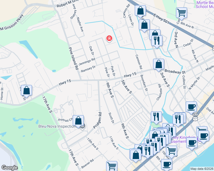 map of restaurants, bars, coffee shops, grocery stores, and more near 8 Century Street in Myrtle Beach