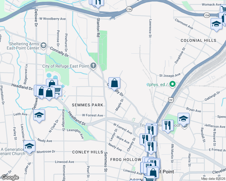 map of restaurants, bars, coffee shops, grocery stores, and more near 2276 Connally Place in East Point