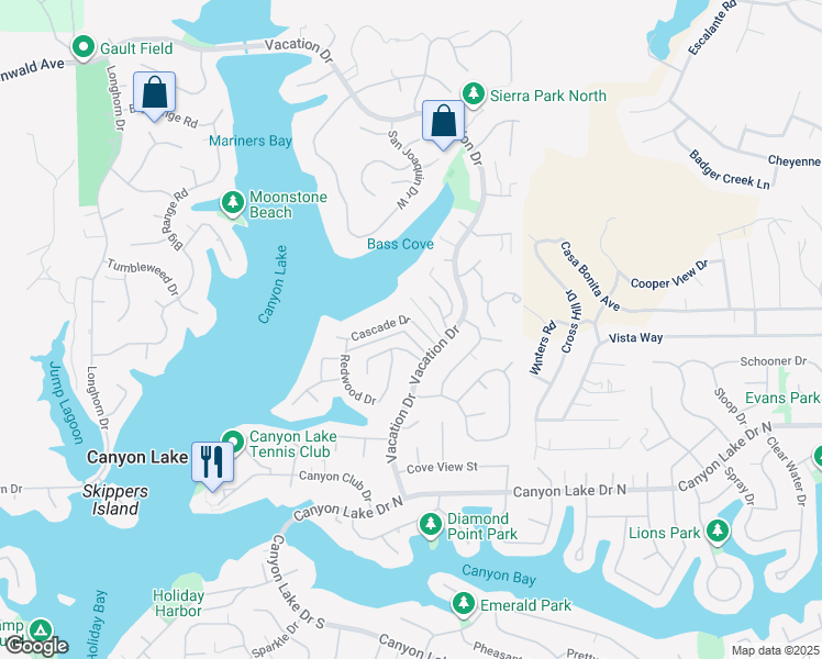 map of restaurants, bars, coffee shops, grocery stores, and more near 22701 Cascade Drive in Canyon Lake
