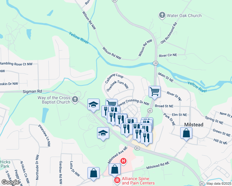 map of restaurants, bars, coffee shops, grocery stores, and more near 410 Yellow River Lane Northwest in Conyers