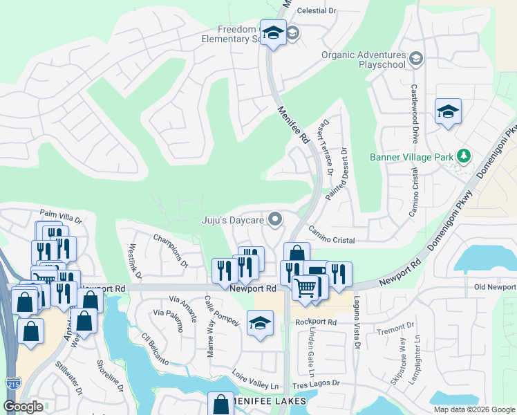 map of restaurants, bars, coffee shops, grocery stores, and more near 29827 Camino Cristal in Menifee