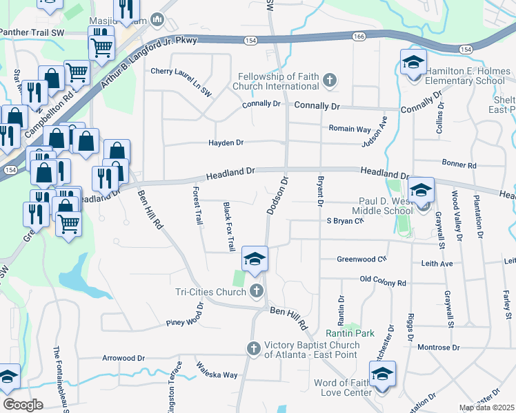 map of restaurants, bars, coffee shops, grocery stores, and more near 2455 Dodson Drive in Atlanta