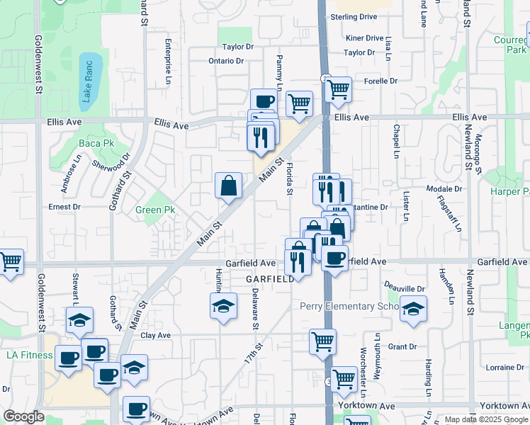 map of restaurants, bars, coffee shops, grocery stores, and more near 18900 Delaware Street in Huntington Beach