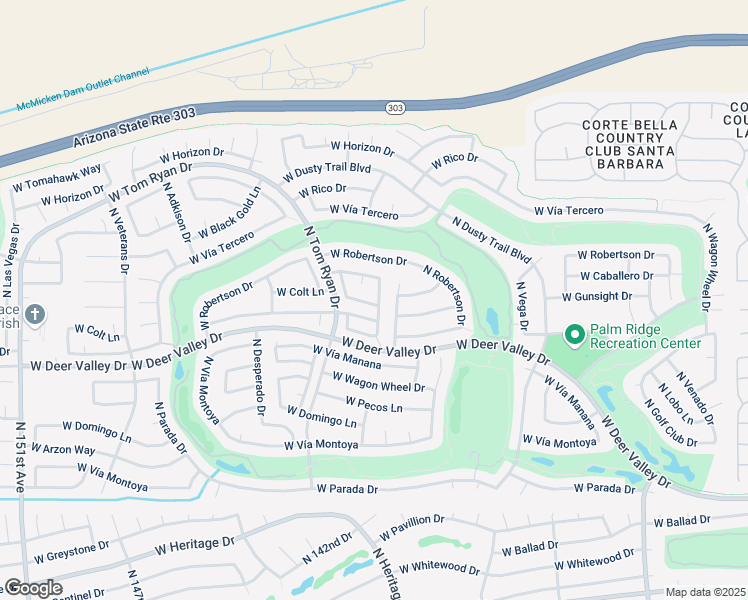 map of restaurants, bars, coffee shops, grocery stores, and more near 22516 North Vía De La Caballa in Sun City West