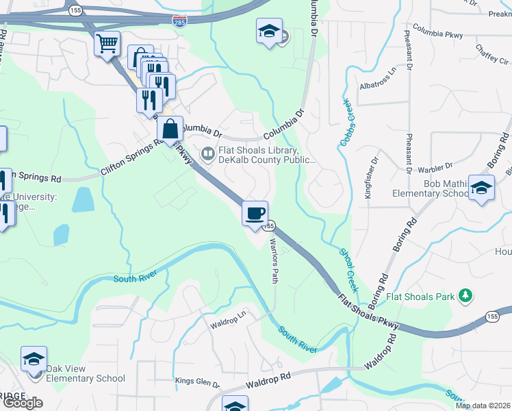 map of restaurants, bars, coffee shops, grocery stores, and more near 4147 Flat Shoals Parkway in Decatur