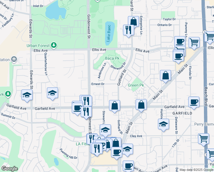 map of restaurants, bars, coffee shops, grocery stores, and more near 18796 Stewart Lane in Huntington Beach