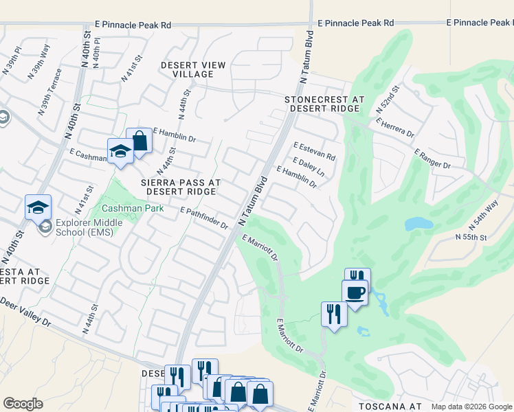 map of restaurants, bars, coffee shops, grocery stores, and more near 4805 East Robin Lane in Phoenix
