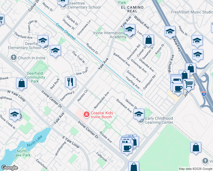 map of restaurants, bars, coffee shops, grocery stores, and more near 15142 Normandie Avenue in Irvine