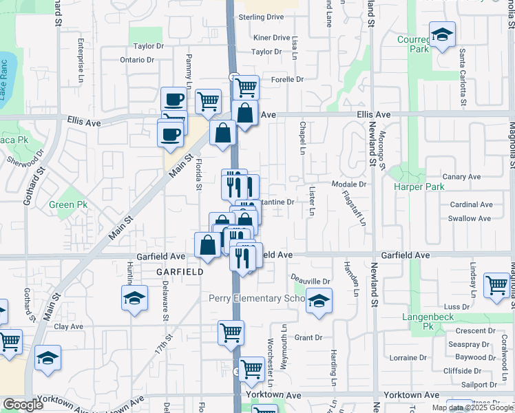 map of restaurants, bars, coffee shops, grocery stores, and more near 18882 Valley Circle in Huntington Beach