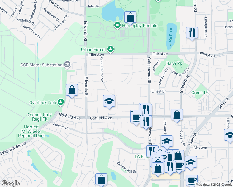 map of restaurants, bars, coffee shops, grocery stores, and more near 6732 Alamitos Circle in Huntington Beach