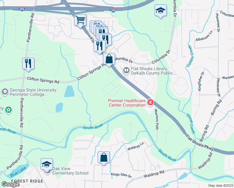 map of restaurants, bars, coffee shops, grocery stores, and more near 3557 Waldrop Trail in Decatur