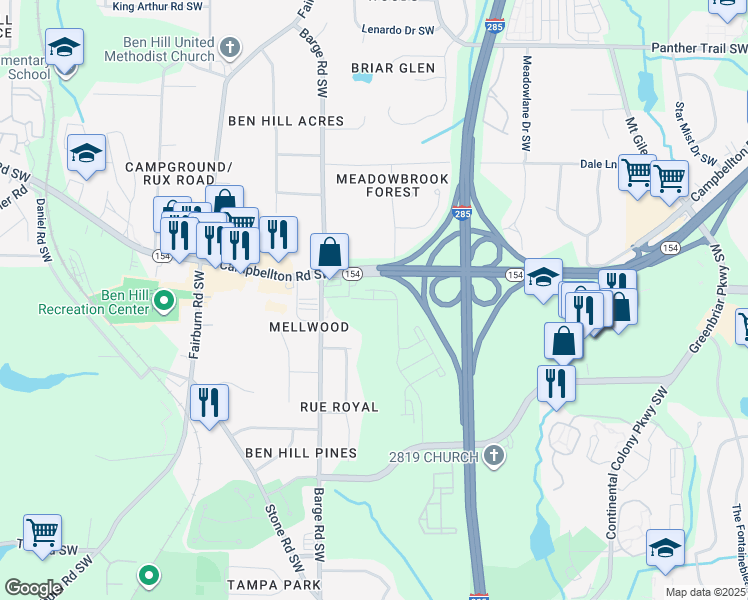 map of restaurants, bars, coffee shops, grocery stores, and more near 3557 Valeland Avenue Southwest in Atlanta