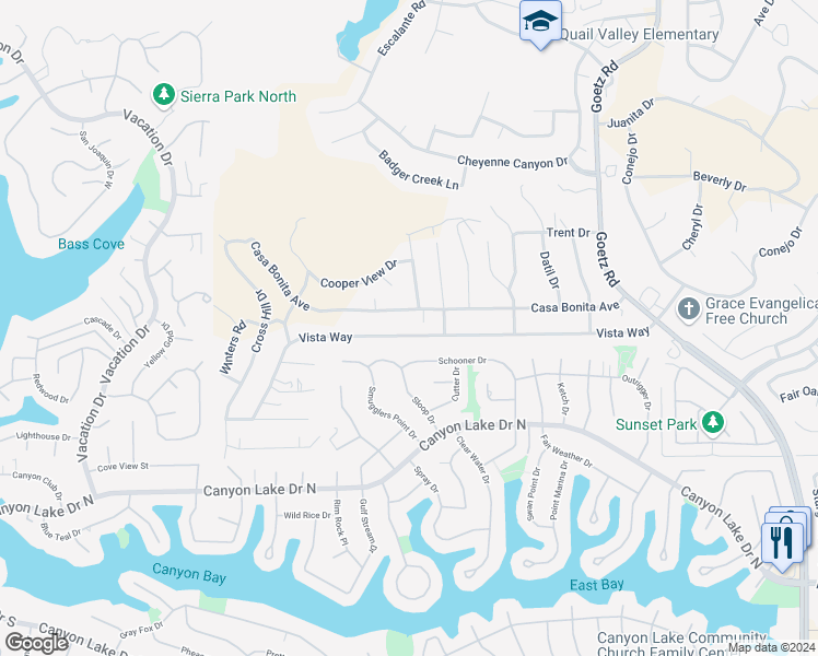 map of restaurants, bars, coffee shops, grocery stores, and more near 23436 Vista Way in Canyon Lake