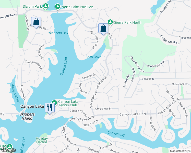 map of restaurants, bars, coffee shops, grocery stores, and more near 22770 Castle Crag Drive in Canyon Lake