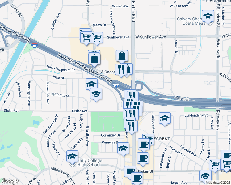 map of restaurants, bars, coffee shops, grocery stores, and more near 1644 Iowa Street in Costa Mesa