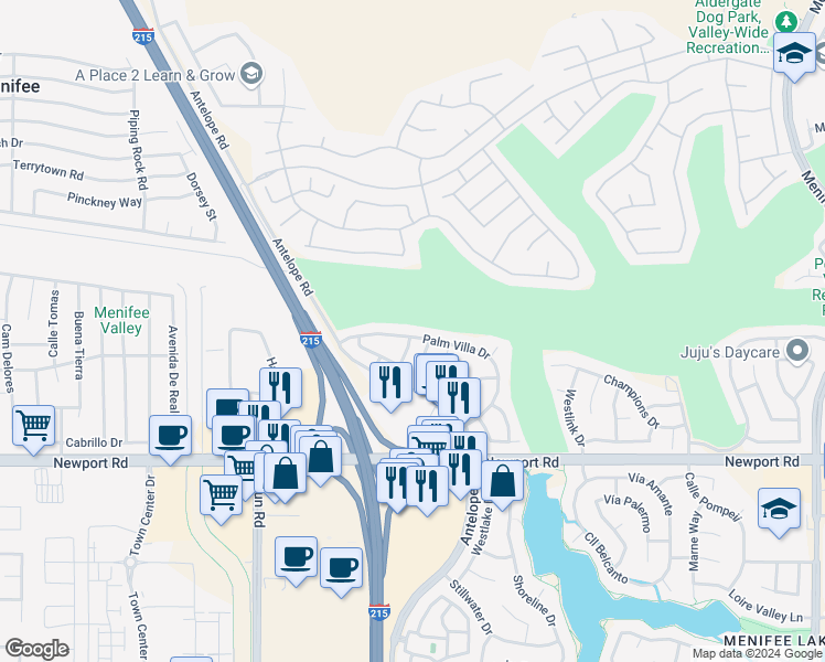 map of restaurants, bars, coffee shops, grocery stores, and more near 28094 Palm Villa Drive in Menifee