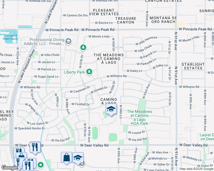 map of restaurants, bars, coffee shops, grocery stores, and more near 9570 West Donald Drive in Peoria
