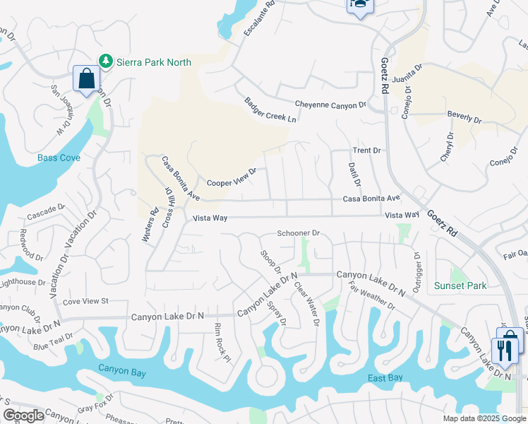 map of restaurants, bars, coffee shops, grocery stores, and more near 23436 Vista Way in Canyon Lake