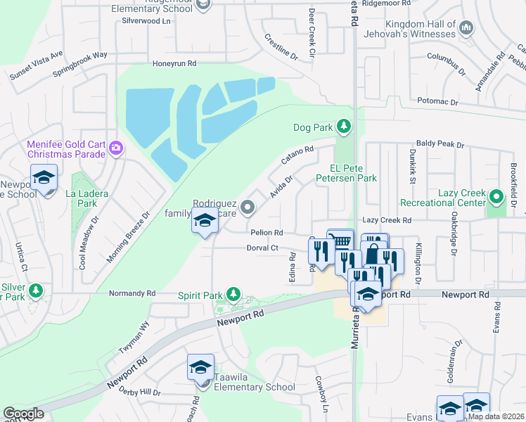 map of restaurants, bars, coffee shops, grocery stores, and more near 25692 Pelion Road in Menifee