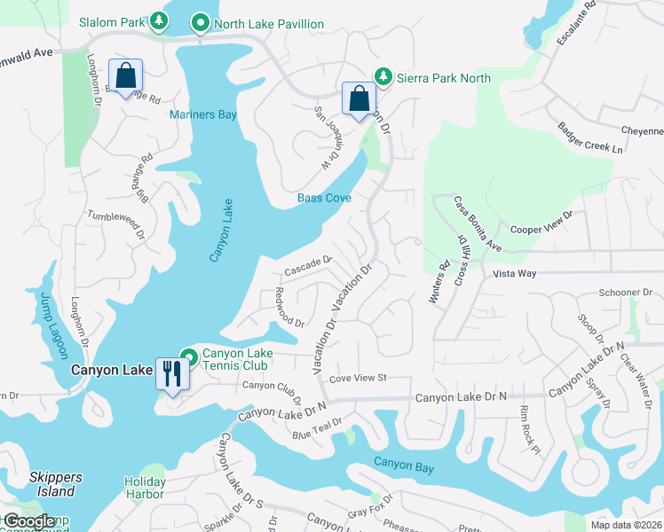 map of restaurants, bars, coffee shops, grocery stores, and more near 22770 Castle Crag Drive in Canyon Lake
