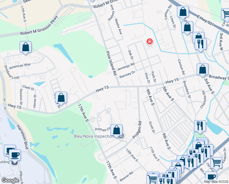 map of restaurants, bars, coffee shops, grocery stores, and more near 1207 Highway 15 in Myrtle Beach