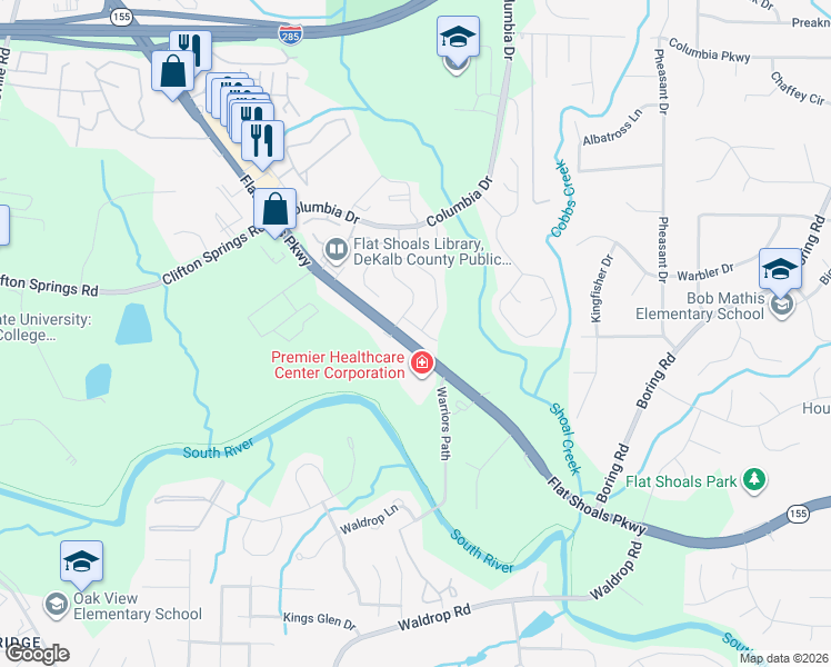 map of restaurants, bars, coffee shops, grocery stores, and more near 4147 Flat Shoals Parkway in Decatur