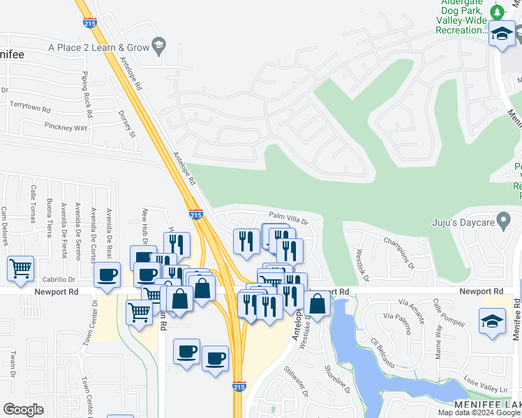 map of restaurants, bars, coffee shops, grocery stores, and more near 28094 Palm Villa Drive in Menifee