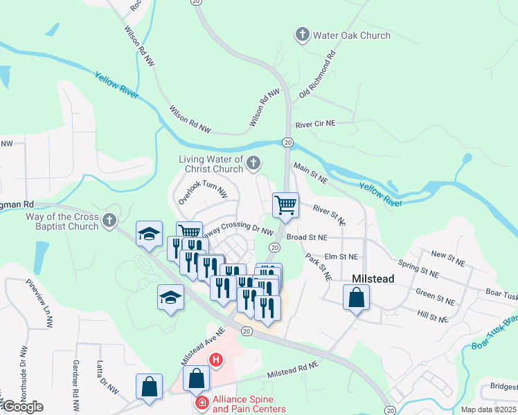 map of restaurants, bars, coffee shops, grocery stores, and more near 1750 Yellow Street Northwest in Conyers