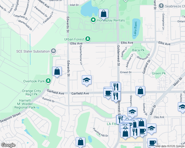 map of restaurants, bars, coffee shops, grocery stores, and more near 6732 Alamitos Circle in Huntington Beach