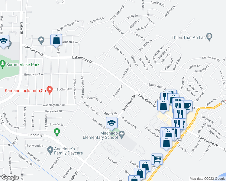 map of restaurants, bars, coffee shops, grocery stores, and more near 248 Lauren Court in Lake Elsinore