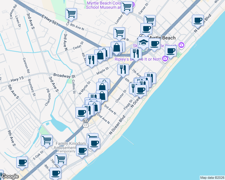map of restaurants, bars, coffee shops, grocery stores, and more near in Myrtle Beach