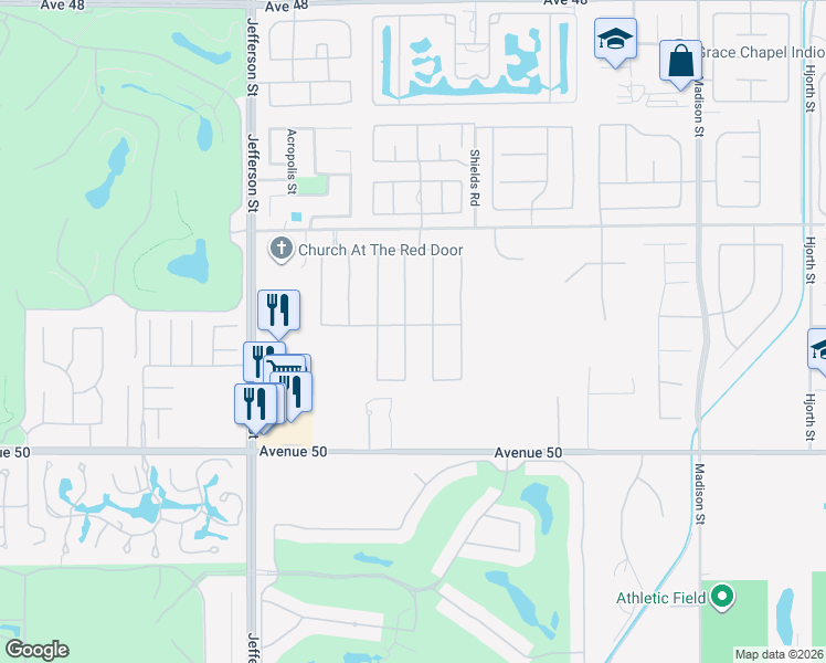 map of restaurants, bars, coffee shops, grocery stores, and more near 49474 Jordan Street in Indio