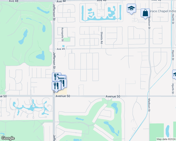 map of restaurants, bars, coffee shops, grocery stores, and more near 49474 Jordan Street in Indio