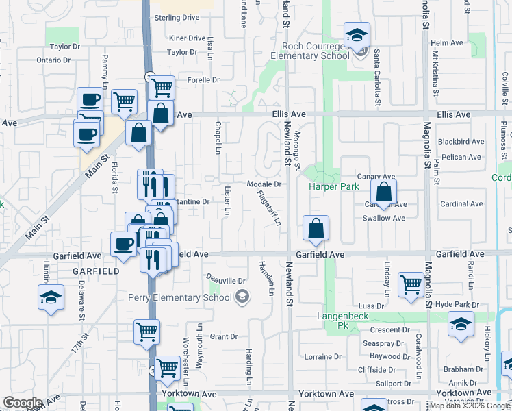 map of restaurants, bars, coffee shops, grocery stores, and more near 8351 Laura Circle in Huntington Beach