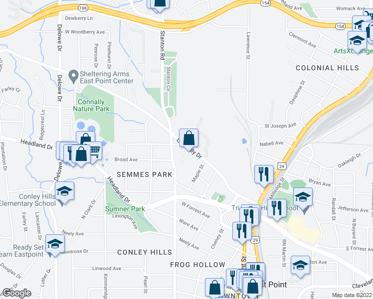 map of restaurants, bars, coffee shops, grocery stores, and more near 1750 Connally Drive in East Point
