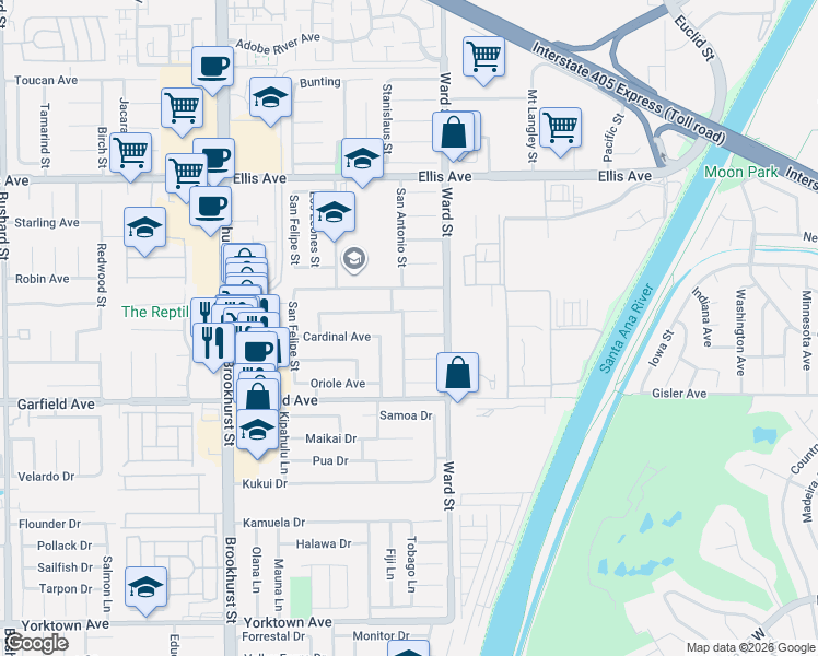 map of restaurants, bars, coffee shops, grocery stores, and more near 10413 Egret Avenue in Fountain Valley